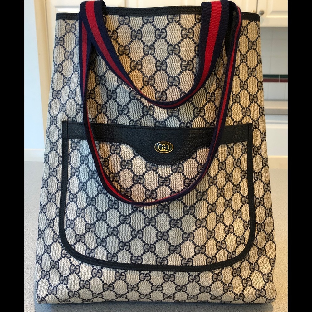 GUCCI Blue Monogram Accessory Collection Tote